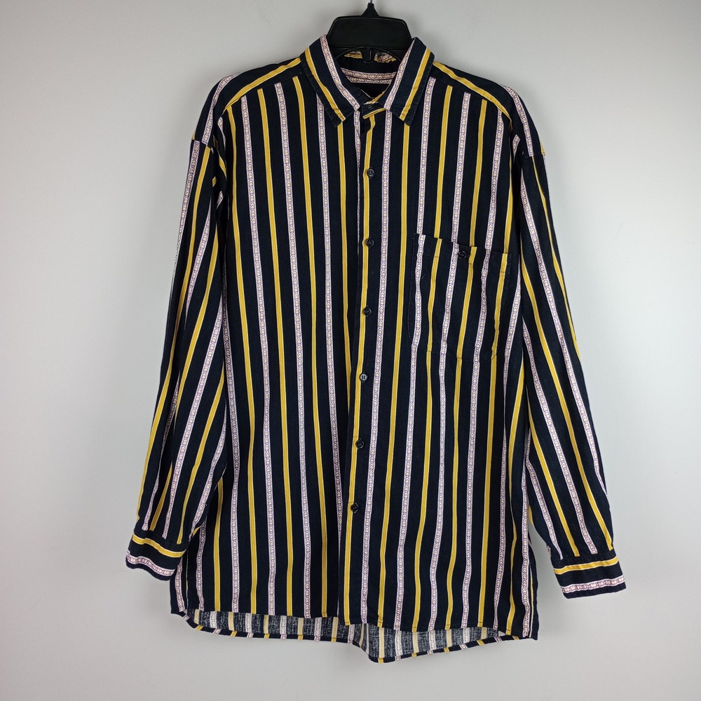 Sergio Mens M Black Yellow Striped Long Sleeve Cotton Button Up Casual Shirt